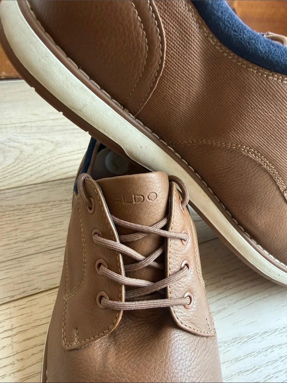 Aldo Tan Brown Leather Derby Shoes with Navy Collar